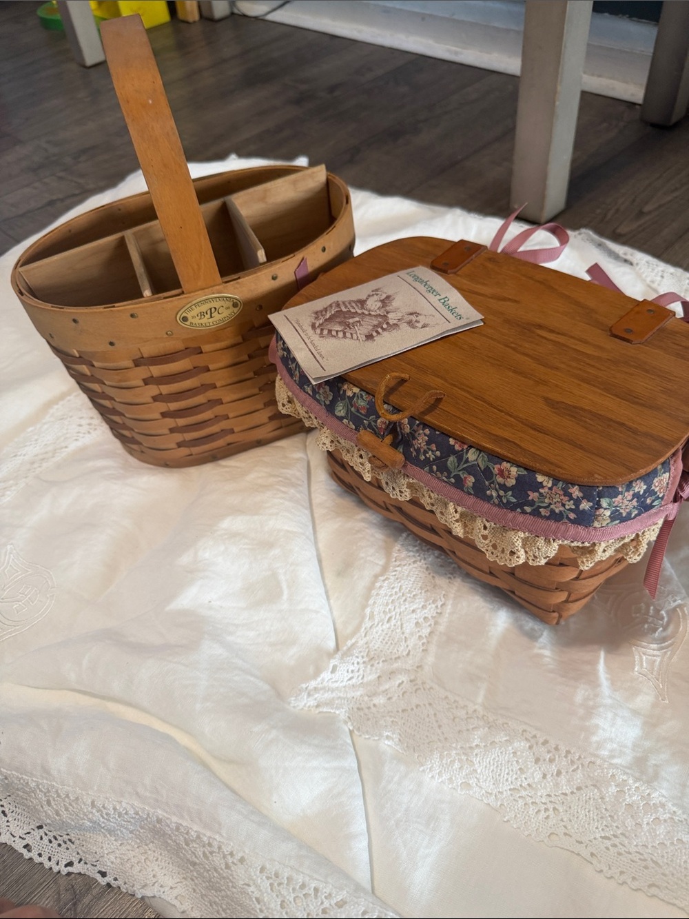Longaberger Brown Woven Basket with Floral Navy and Cream Trim